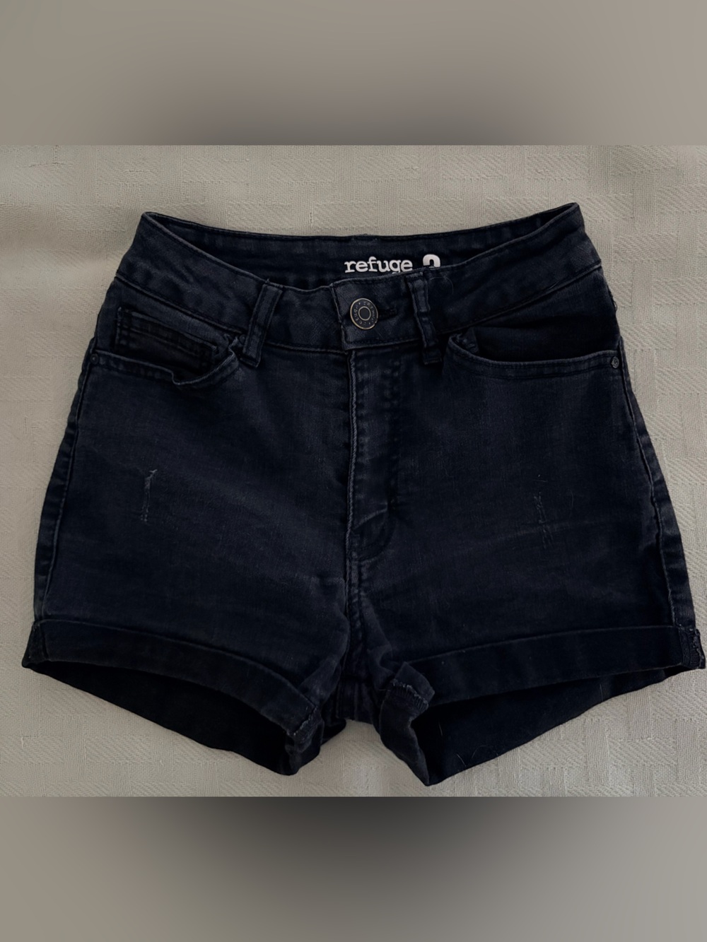 Refuge Miami Black Denim Shorts High Waisted Cuffed Hem Y2K